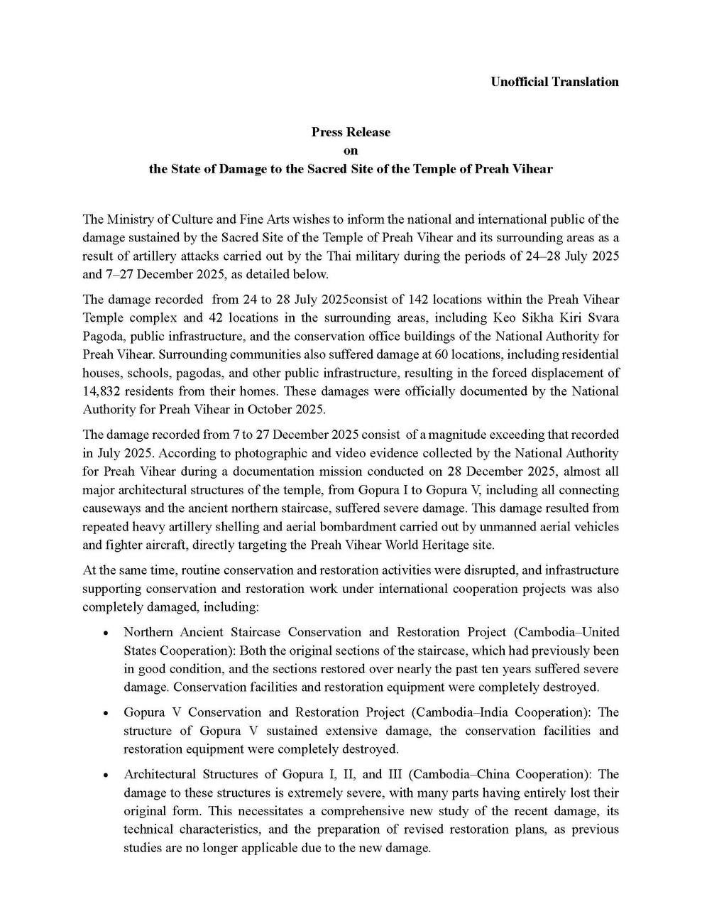 Press Release on the State of Damage to the Scared Site of the Temple of Preah Vihear